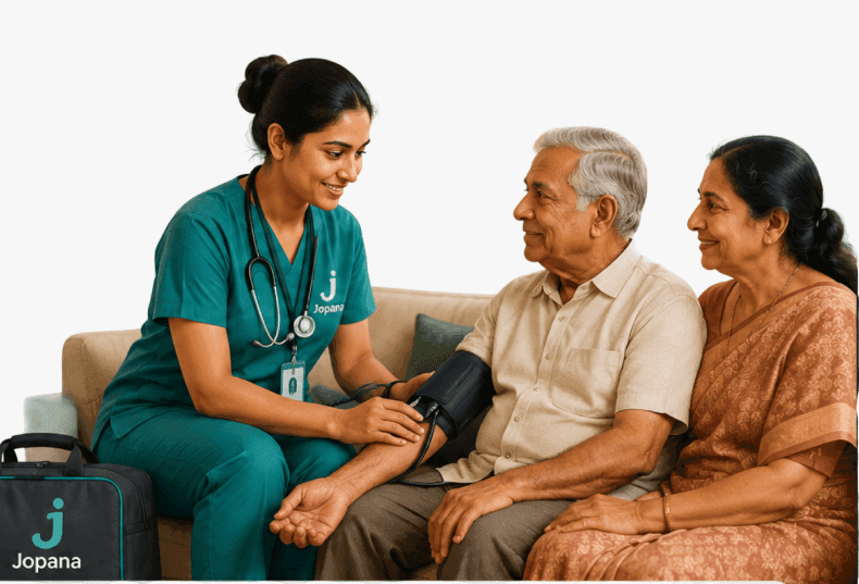 A Jopana nurse checking the blood pressure of an elderly couple at home